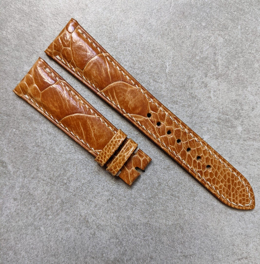 Ostrich Shin Watch Strap - Honey Brown W/Cream stitching