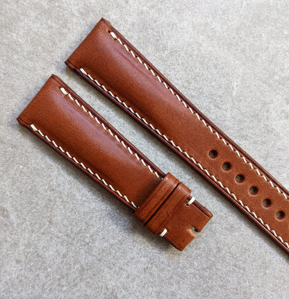 Buttero Classic Padded Calfskin Strap - Chestnut W/Cream Stitching