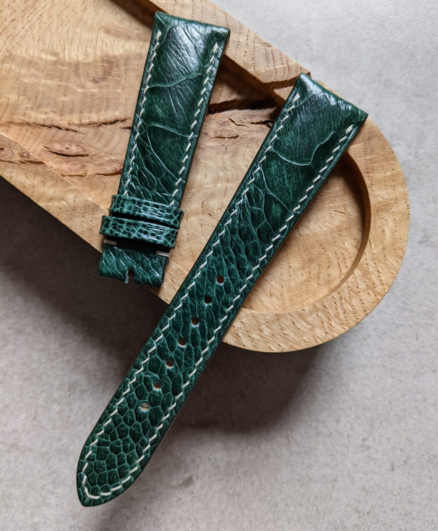 Ostrich Shin Padded Watch Strap - Dark Green W/Cream Stitching