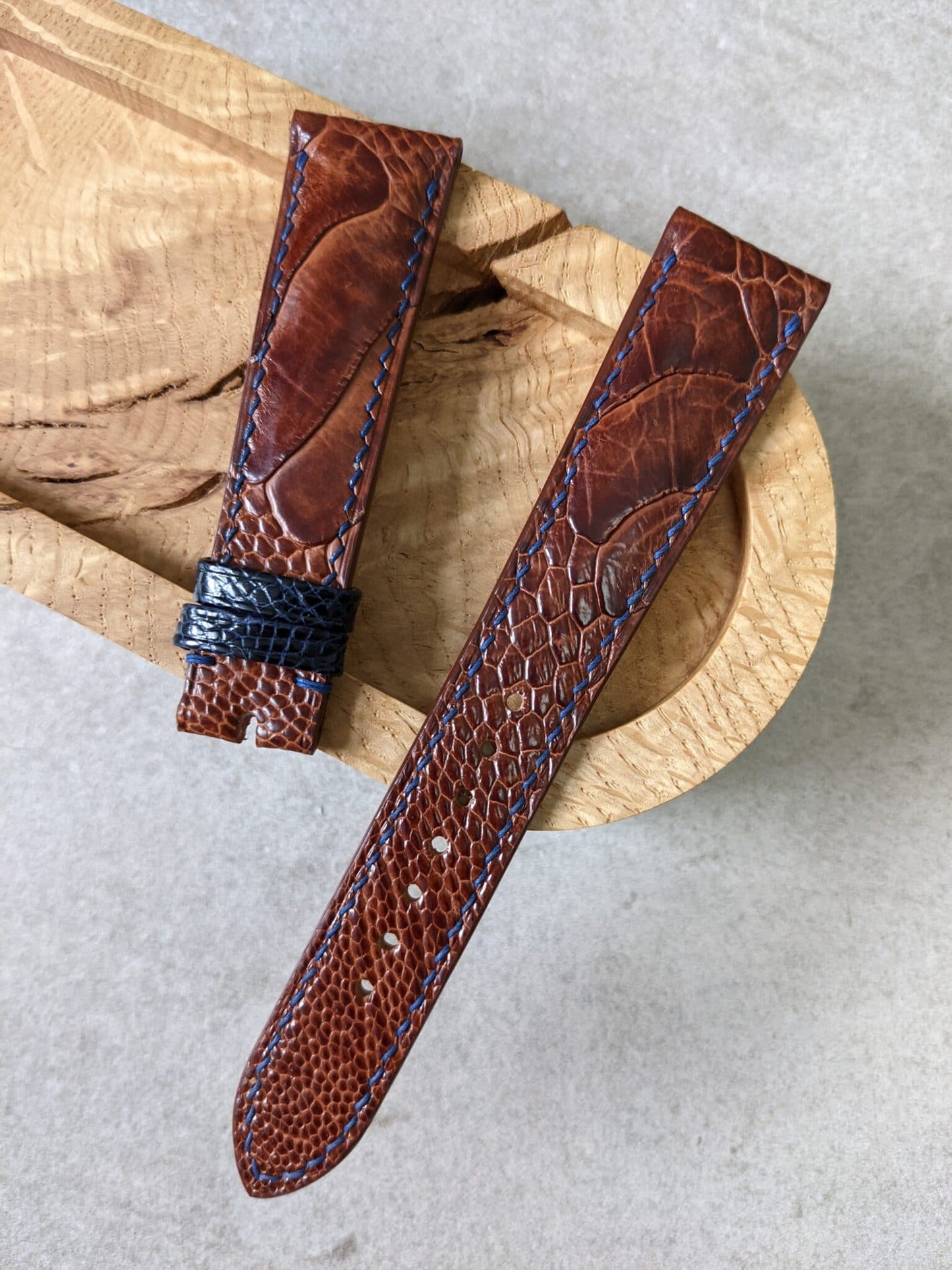 Ostrich Shin Watch Strap - Cognac w/Navy Stitching & keepers