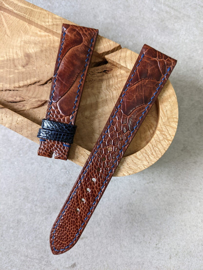 Ostrich Shin Watch Strap - Cognac w/Navy Stitching & keepers