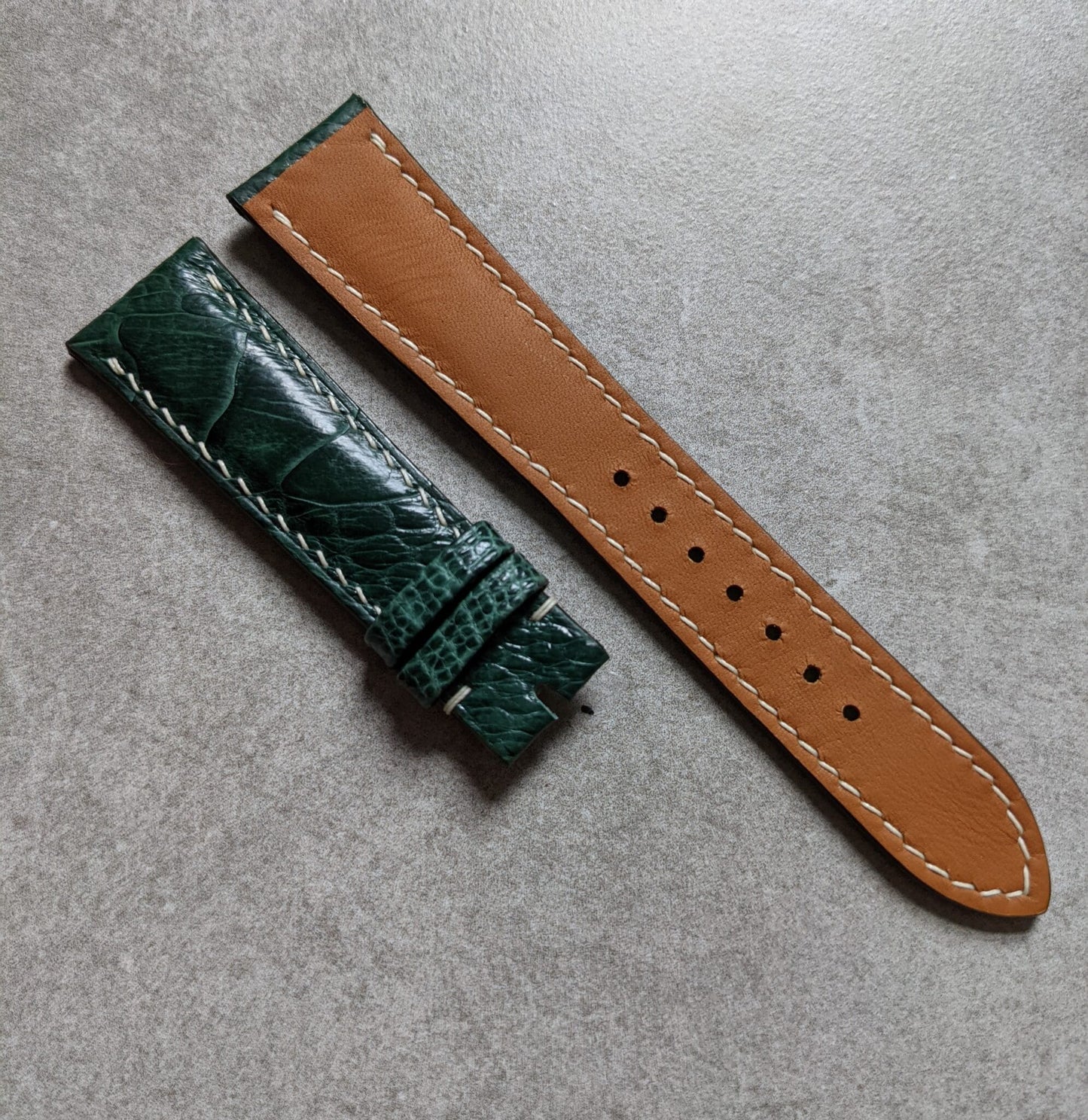 Ostrich Shin Padded Watch Strap - Dark Green W/Cream Stitching