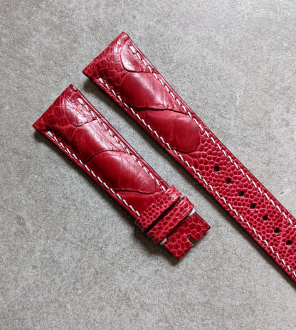 Ostrich Shin Padded Watch Strap - Red W/White Stitching