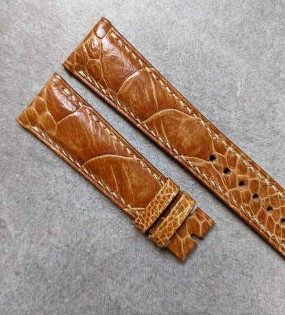 Ostrich Shin Watch Strap - Honey Brown W/Cream stitching