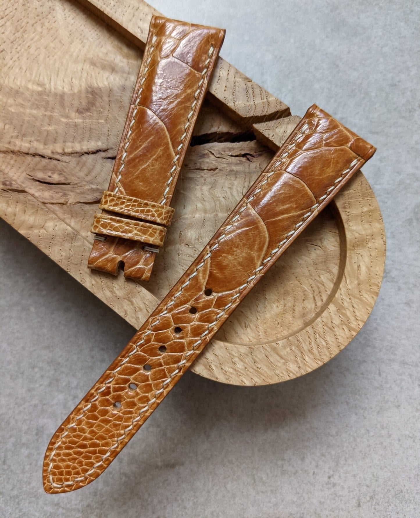 Ostrich Shin Watch Strap - Honey Brown W/Cream stitching