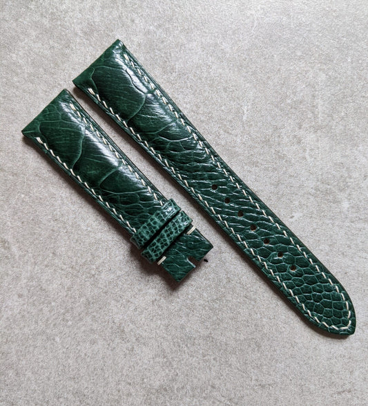 Ostrich Shin Padded Watch Strap - Dark Green W/Cream Stitching