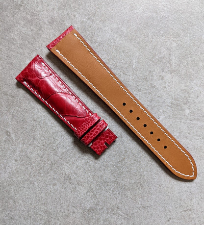 Ostrich Shin Padded Watch Strap - Red W/White Stitching