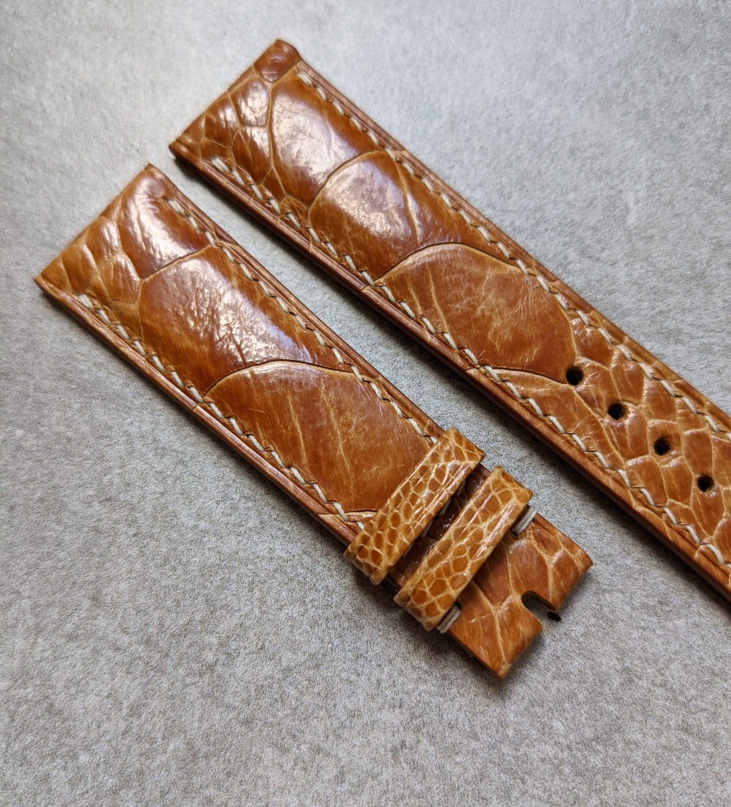 Ostrich Shin Watch Strap - Honey Brown W/Cream stitching