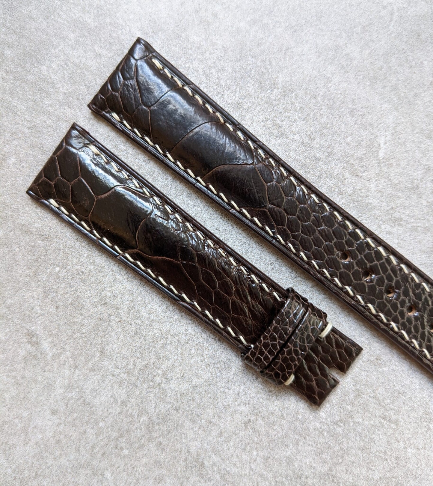 Ostrich Shin Watch Strap - Dark Brown W/Cream stitching