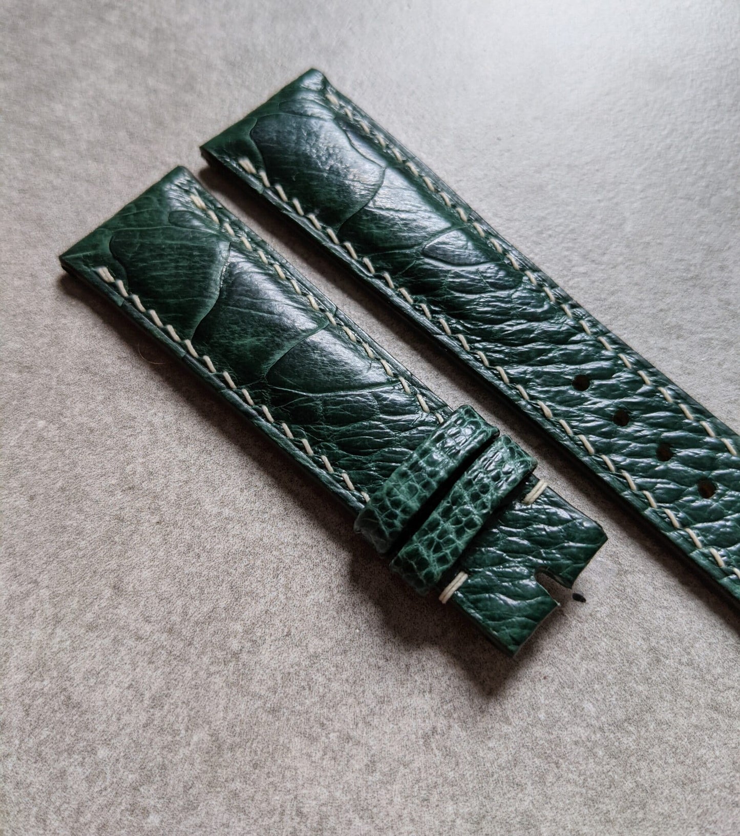 Ostrich Shin Padded Watch Strap - Dark Green W/Cream Stitching