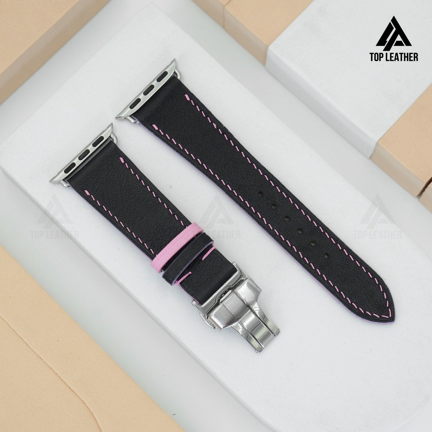 Watch Strap Swift Leather for Apple Watch, Mechanical Watch- Black leather mix Pink Thread SW07.22