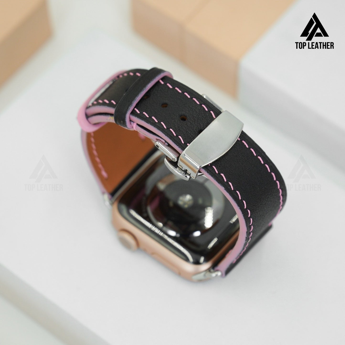 Watch Strap Swift Leather for Apple Watch, Mechanical Watch- Black leather mix Pink Thread SW07.22