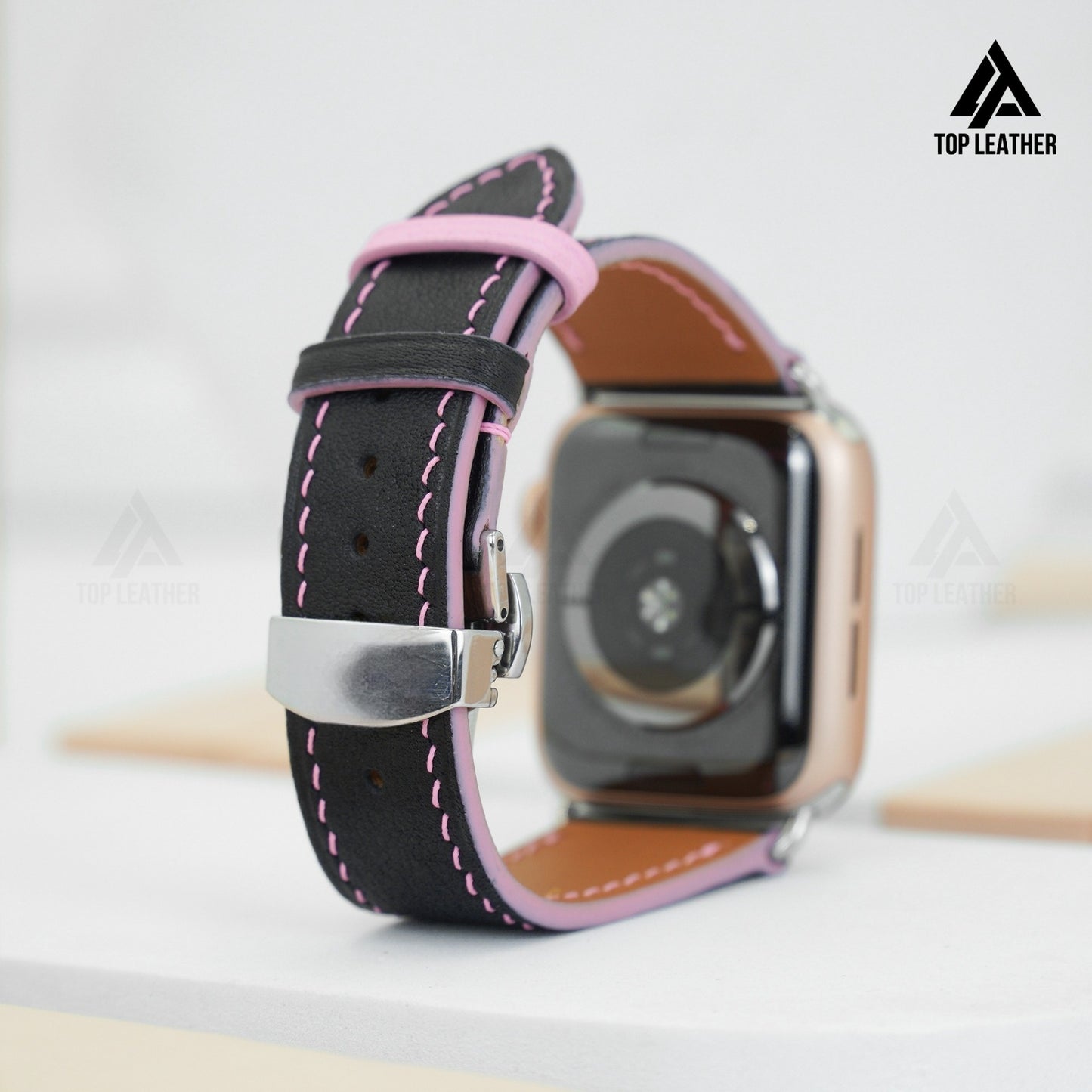 Watch Strap Swift Leather for Apple Watch, Mechanical Watch- Black leather mix Pink Thread SW07.22