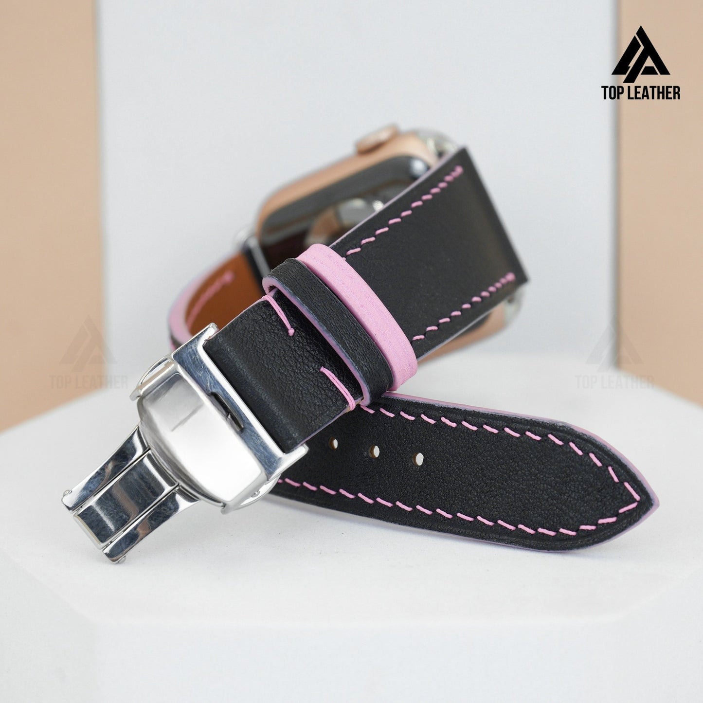 Watch Strap Swift Leather for Apple Watch, Mechanical Watch- Black leather mix Pink Thread SW07.22