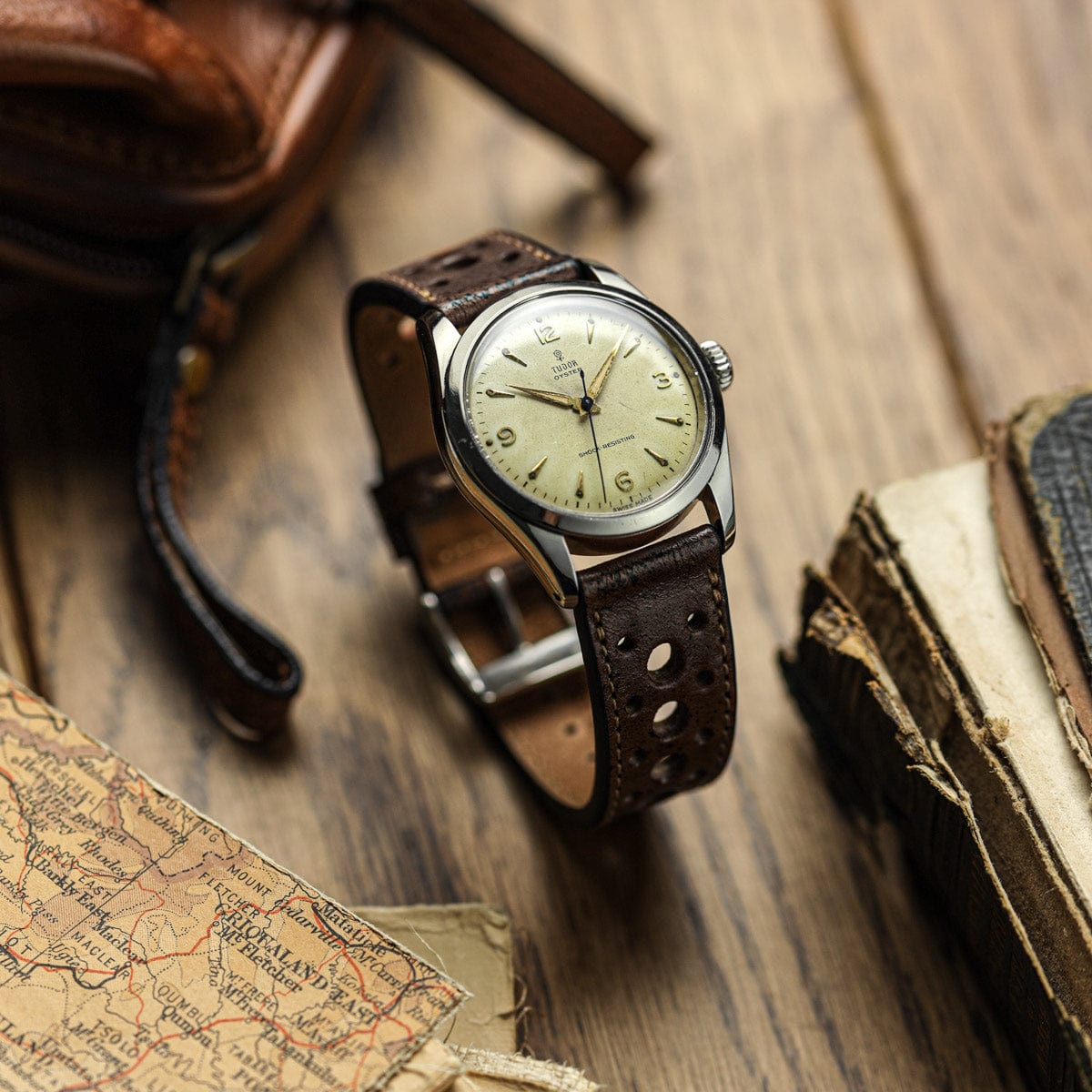 Radstock Racing Style Genuine Leather Watch Strap - Vintage Dark Brown