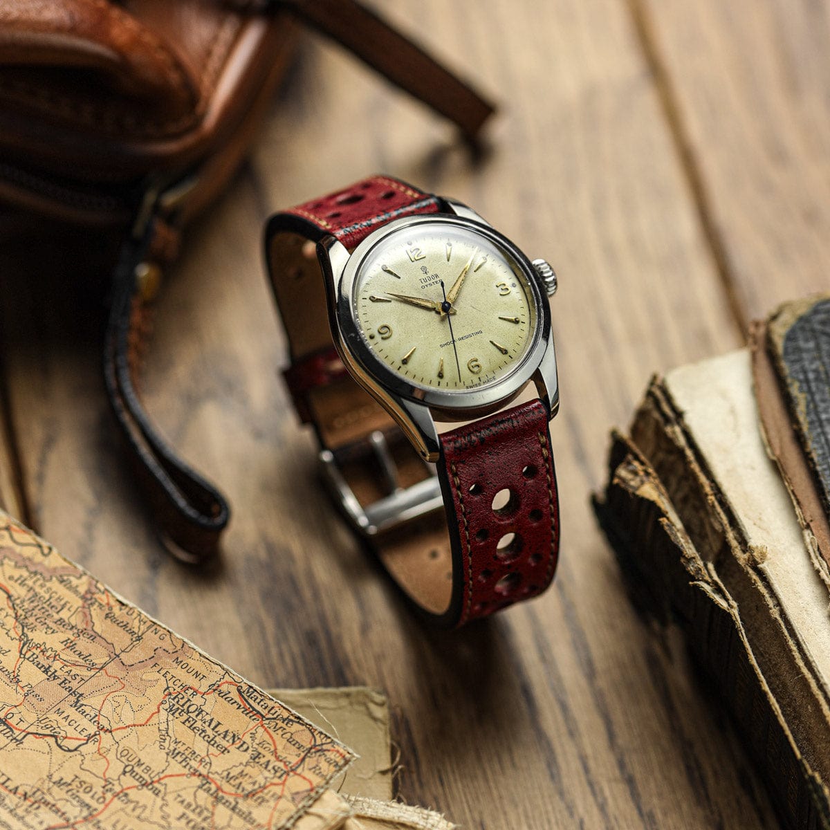 Radstock Racing Style Genuine Leather Watch Strap - Vintage Red