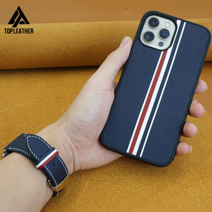 Epsom Leather IPhone Case -  Blue Navy mix of White & Red plaid pattern